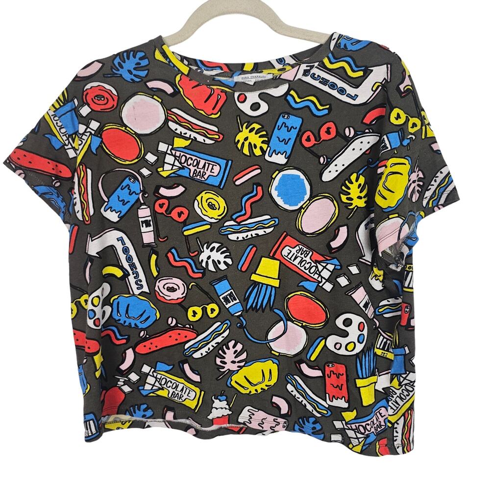 Zara Womens All Over Print Crop Top Graphic Tee Size S Graphic T-Shirt Artsy